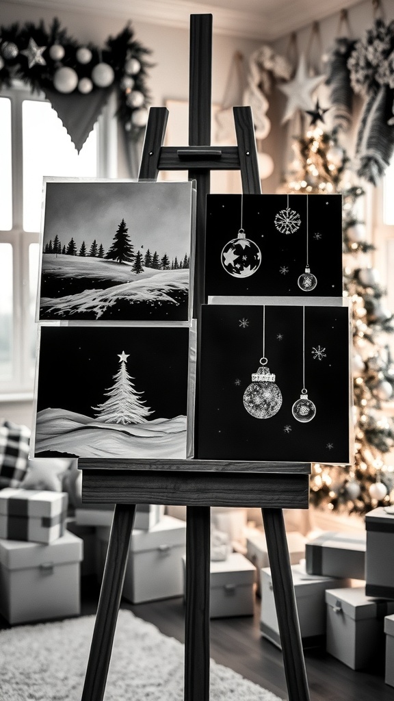 A display of black and white Christmas paintings including a snowy landscape and Christmas tree.